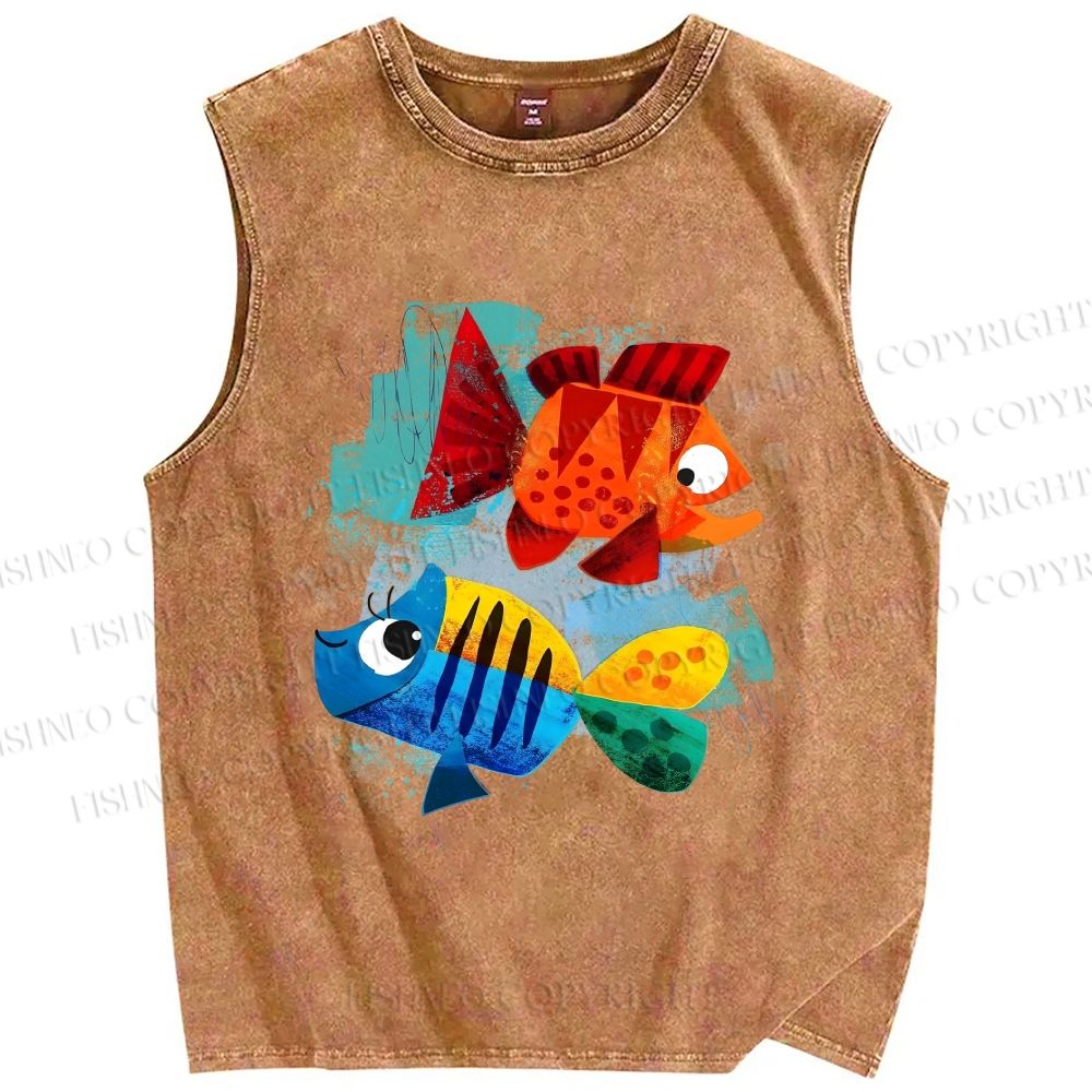 Unisex Fish Printed Washed Tank Top