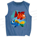 Unisex Fish Printed Washed Tank Top