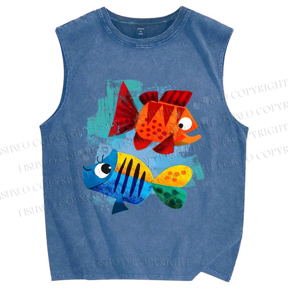 Unisex Fish Printed Washed Tank Top