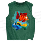 Unisex Fish Printed Washed Tank Top