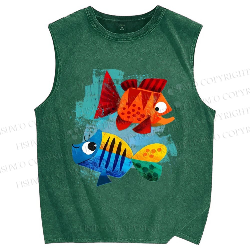 Unisex Fish Printed Washed Tank Top