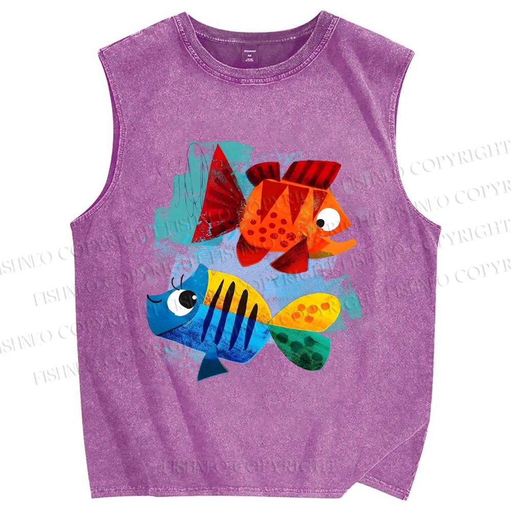 Unisex Fish Printed Washed Tank Top