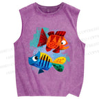 Unisex Fish Printed Washed Tank Top