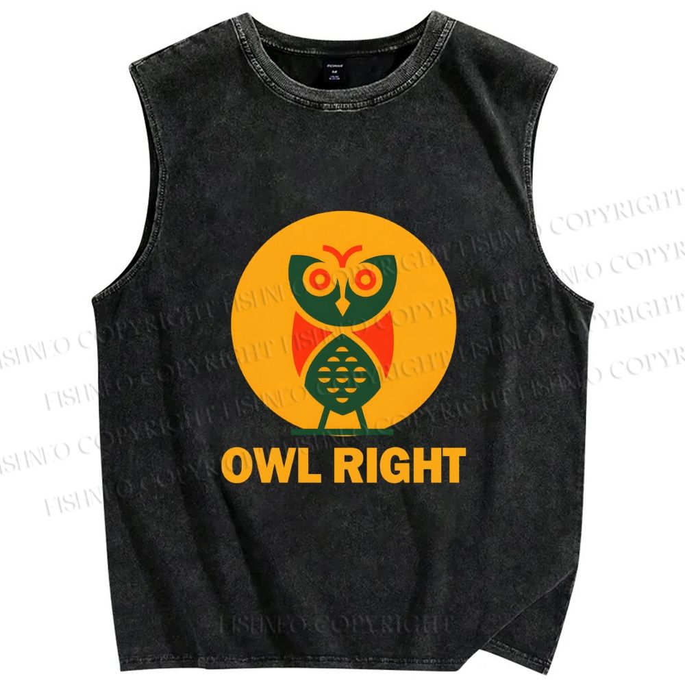 Unisex Geometric Owl Right Printed Washed Tank Top