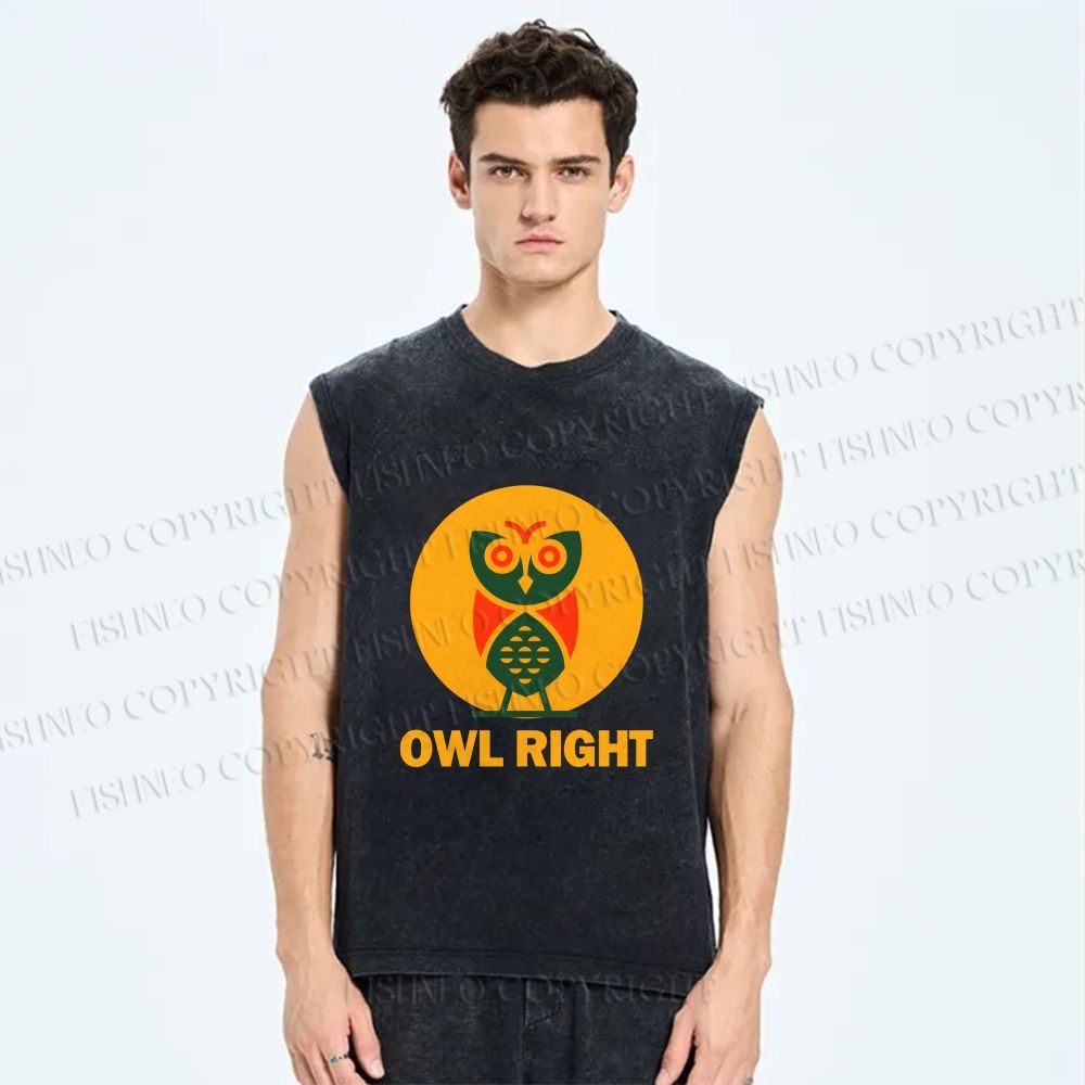 Unisex Geometric Owl Right Printed Washed Tank Top