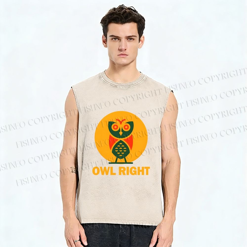 Unisex Geometric Owl Right Printed Washed Tank Top