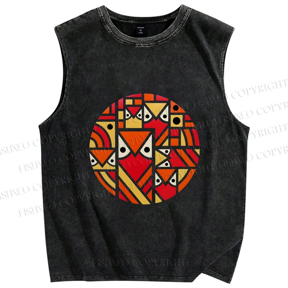 Unisex Geometric Owl in Round Printed Washed Tank Top