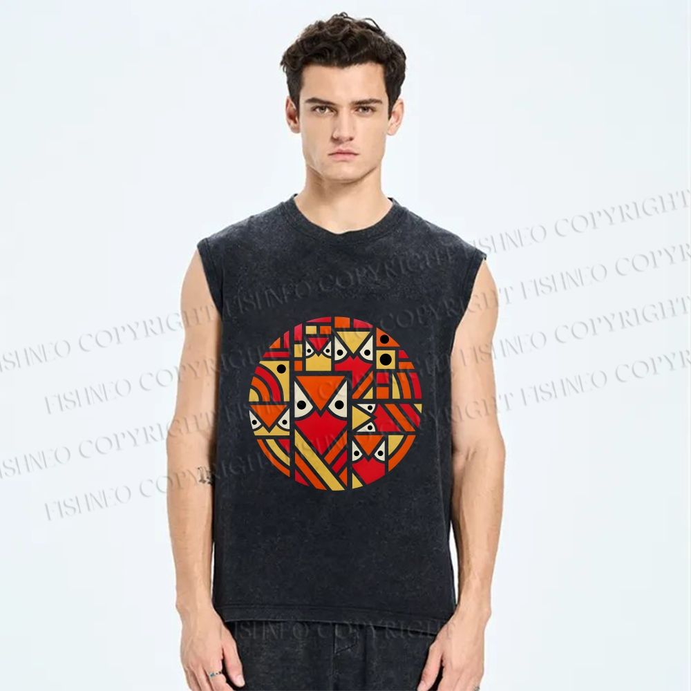 Unisex Geometric Owl in Round Printed Washed Tank Top