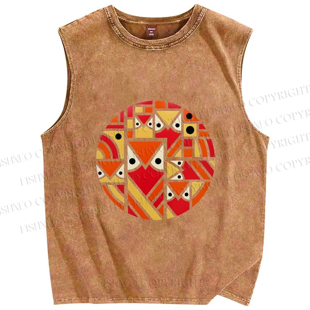 Unisex Geometric Owl in Round Printed Washed Tank Top