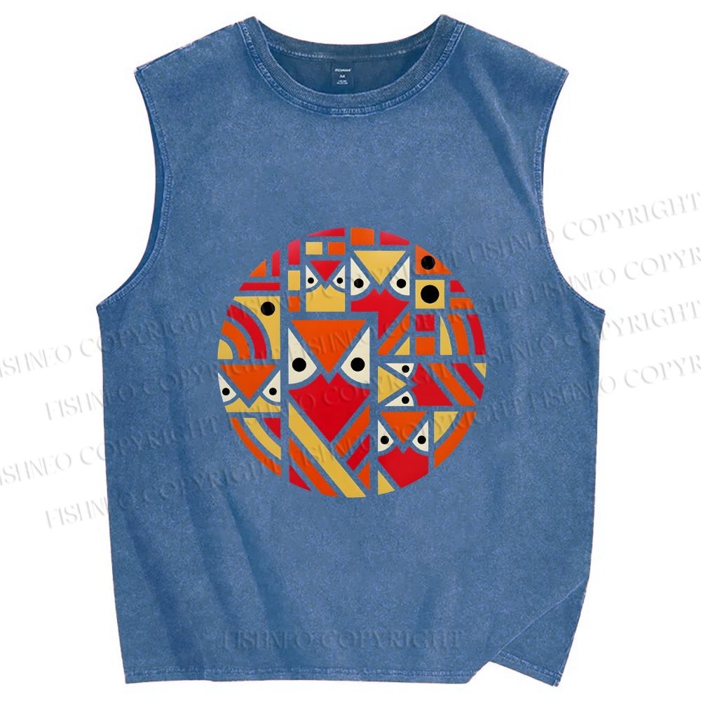 Unisex Geometric Owl in Round Printed Washed Tank Top