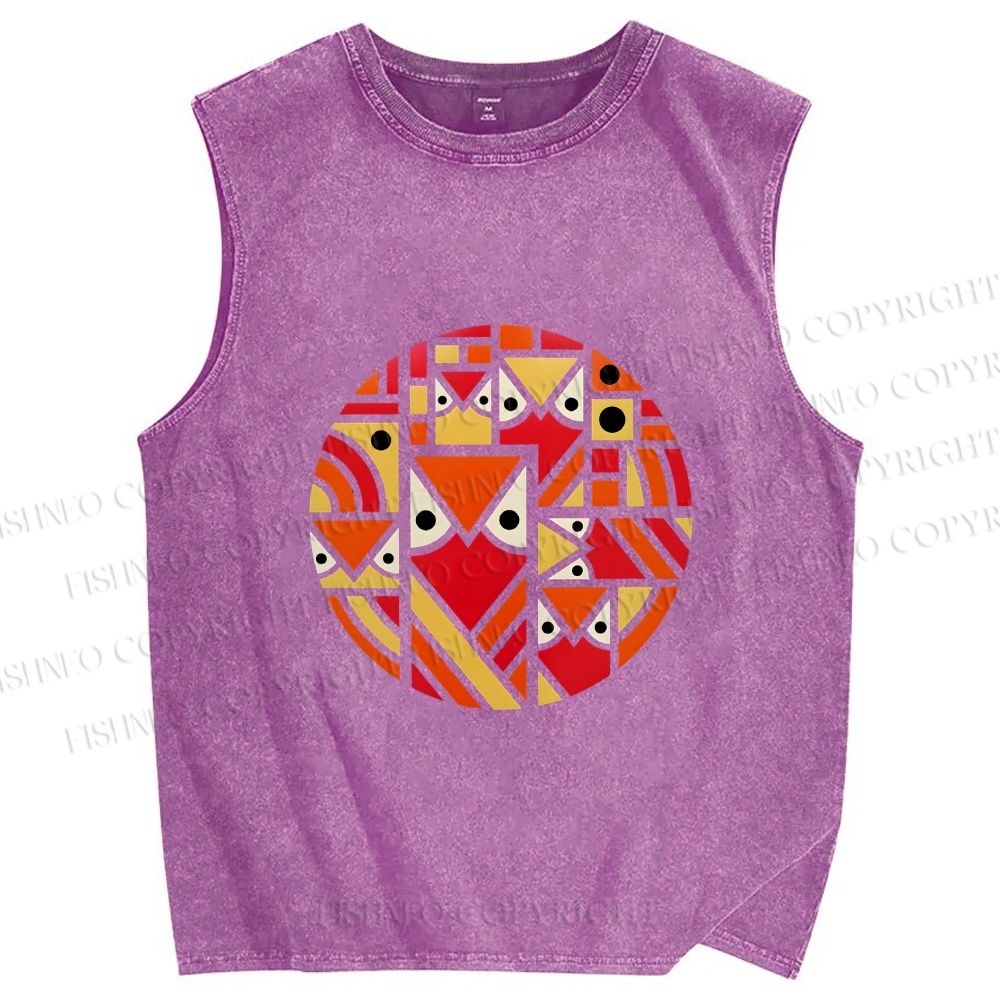 Unisex Geometric Owl in Round Printed Washed Tank Top