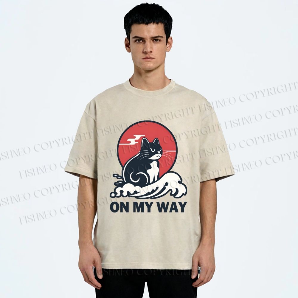 Unisex Cat in Wave On My Way Printed Washed Tee