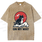 Unisex Cat in Wave On My Way Printed Washed Tee