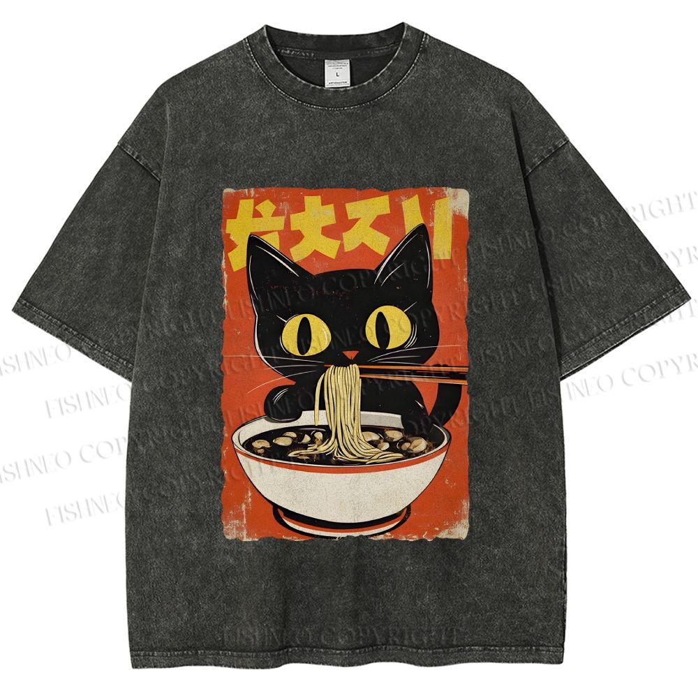 Unisex Vintage Japanese Ramen Cat Printed Washed Tee