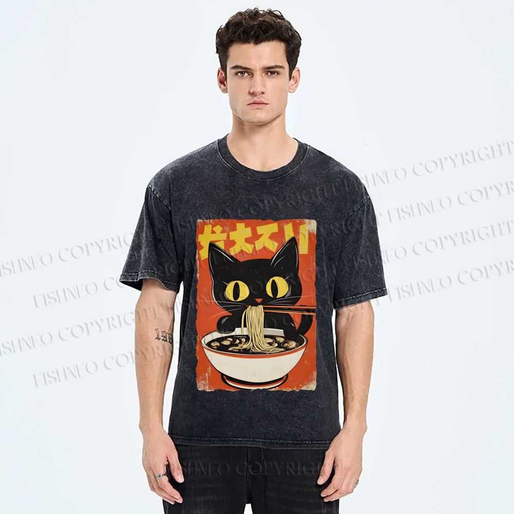 Unisex Vintage Japanese Ramen Cat Printed Washed Tee