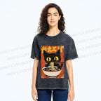Unisex Vintage Japanese Ramen Cat Printed Washed Tee