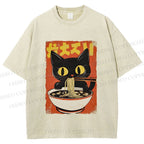 Unisex Vintage Japanese Ramen Cat Printed Washed Tee