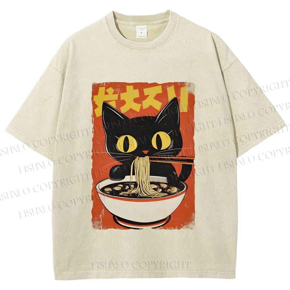 Unisex Vintage Japanese Ramen Cat Printed Washed Tee