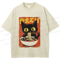 Unisex Vintage Japanese Ramen Cat Printed Washed Tee