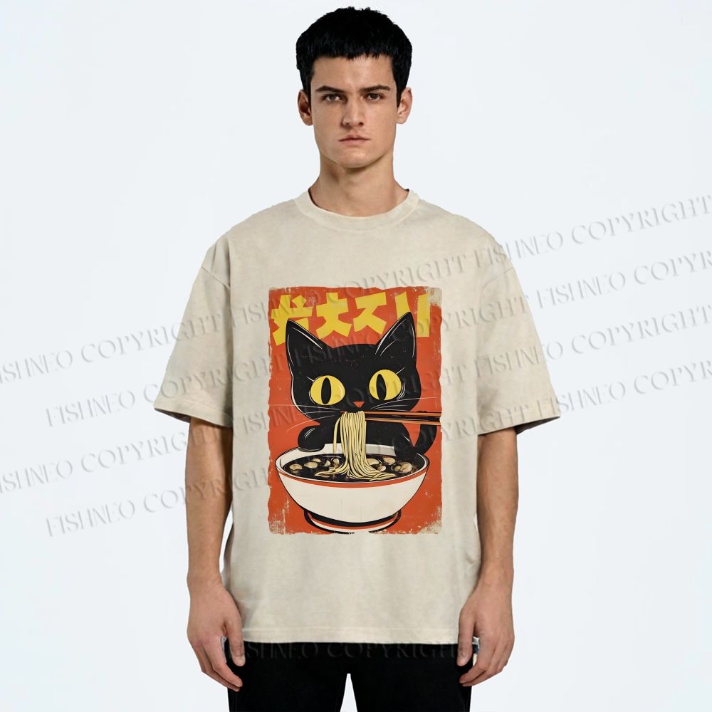Unisex Vintage Japanese Ramen Cat Printed Washed Tee