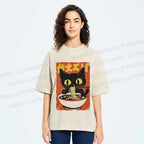 Unisex Vintage Japanese Ramen Cat Printed Washed Tee