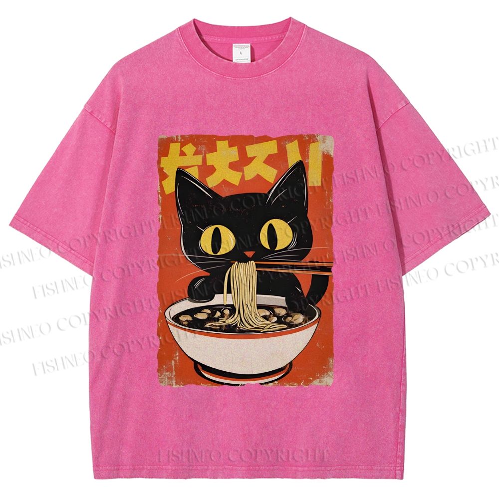 Unisex Vintage Japanese Ramen Cat Printed Washed Tee