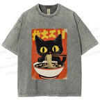 Unisex Vintage Japanese Ramen Cat Printed Washed Tee