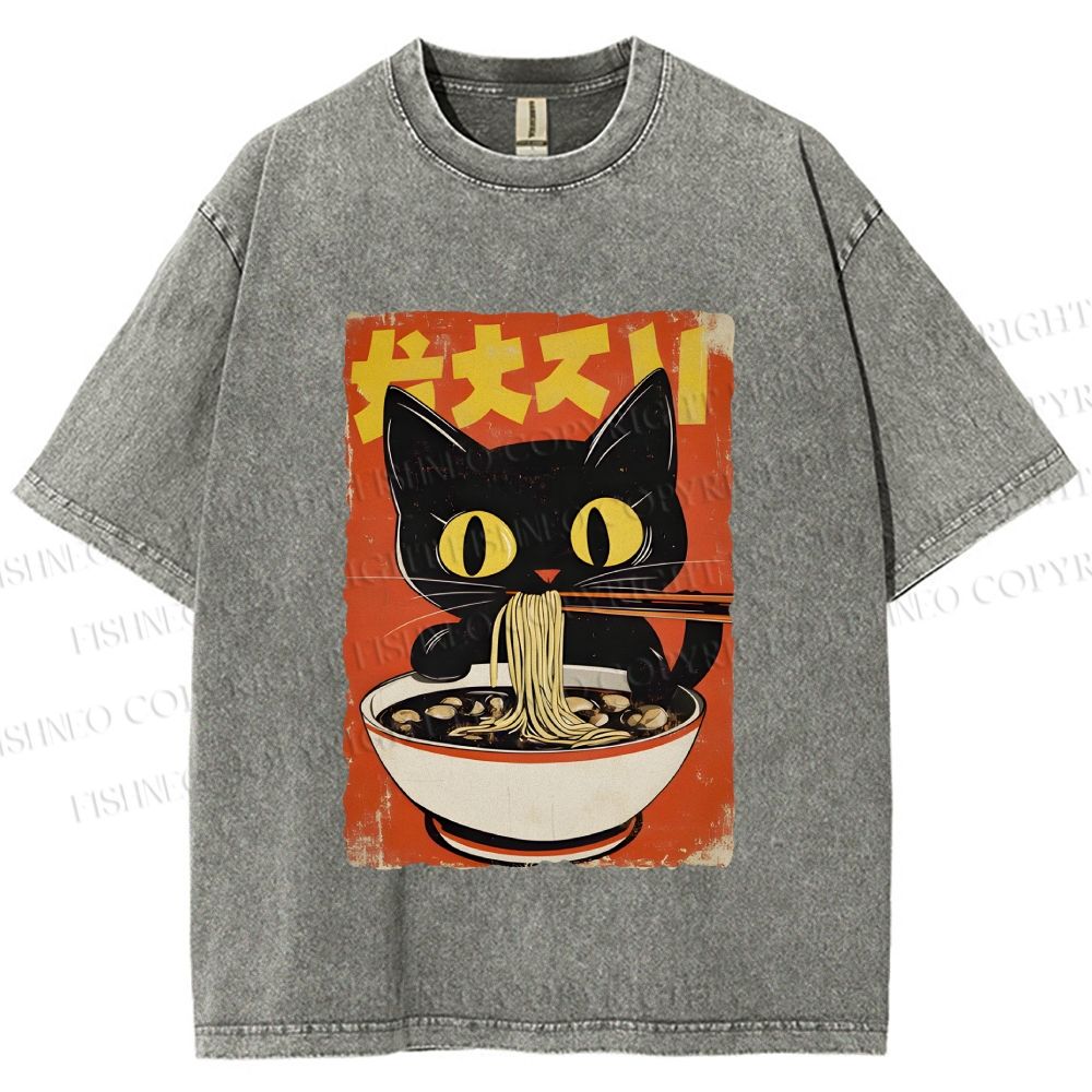 Unisex Vintage Japanese Ramen Cat Printed Washed Tee