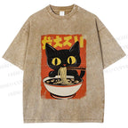 Unisex Vintage Japanese Ramen Cat Printed Washed Tee