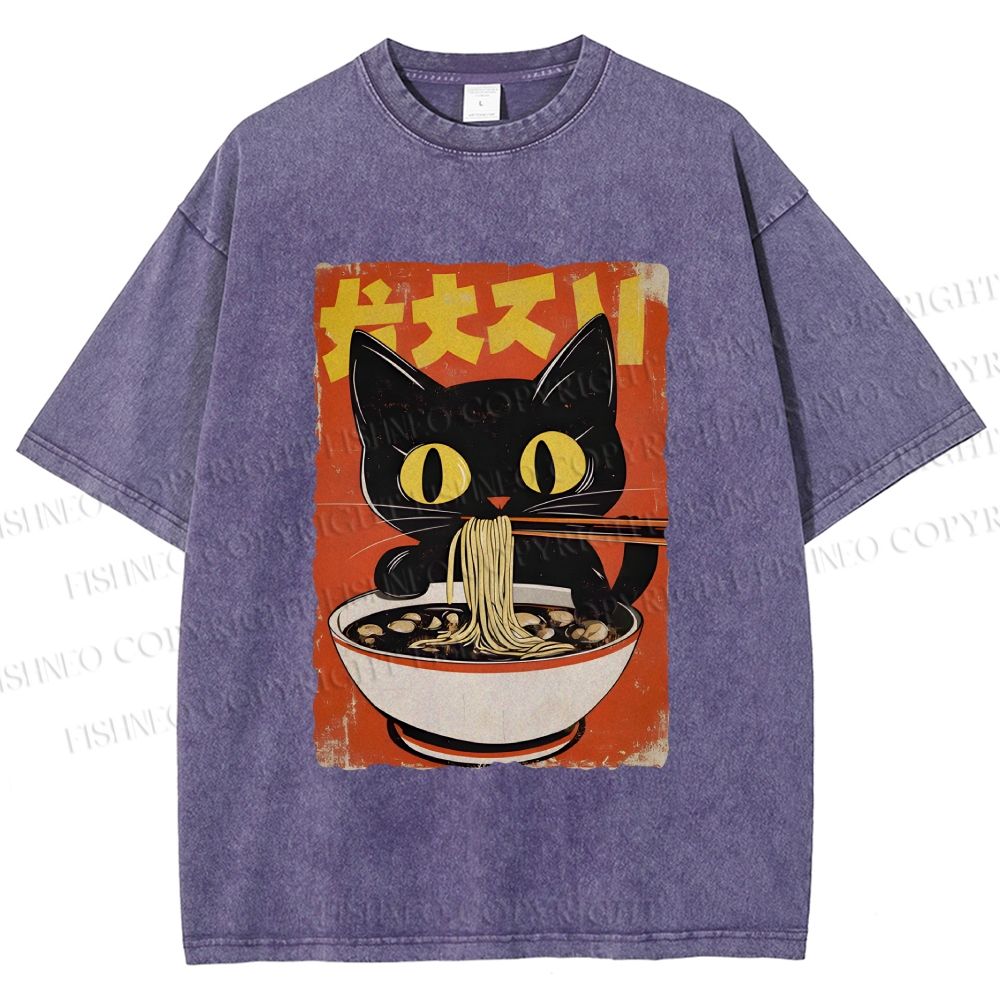 Unisex Vintage Japanese Ramen Cat Printed Washed Tee