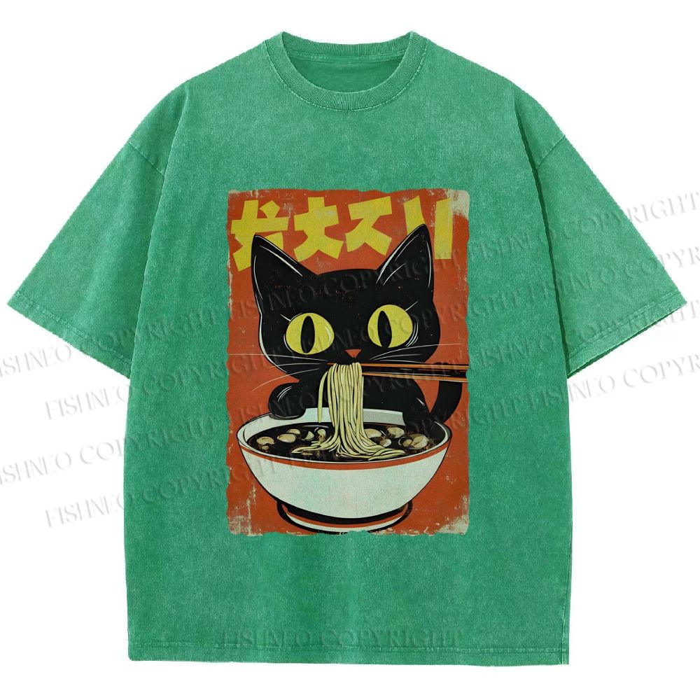 Unisex Vintage Japanese Ramen Cat Printed Washed Tee