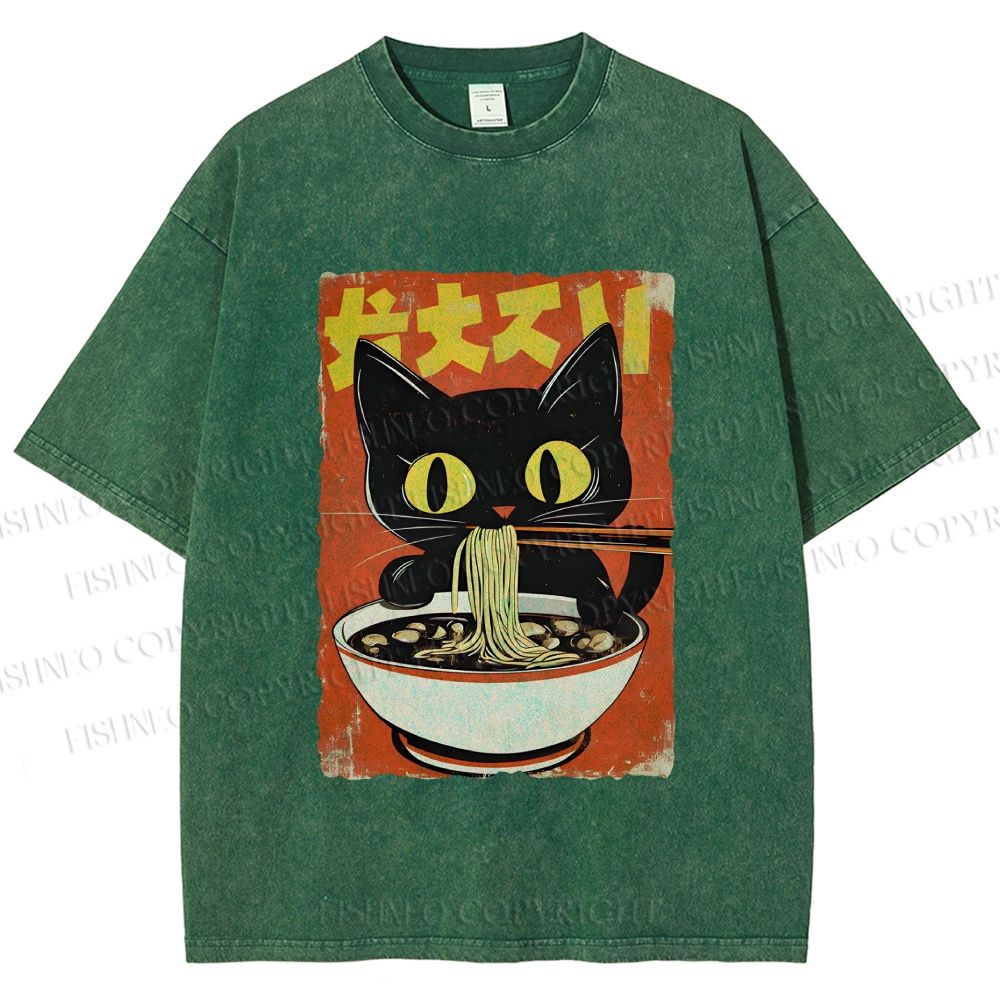 Unisex Vintage Japanese Ramen Cat Printed Washed Tee