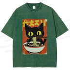 Unisex Vintage Japanese Ramen Cat Printed Washed Tee