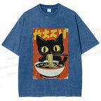Unisex Vintage Japanese Ramen Cat Printed Washed Tee