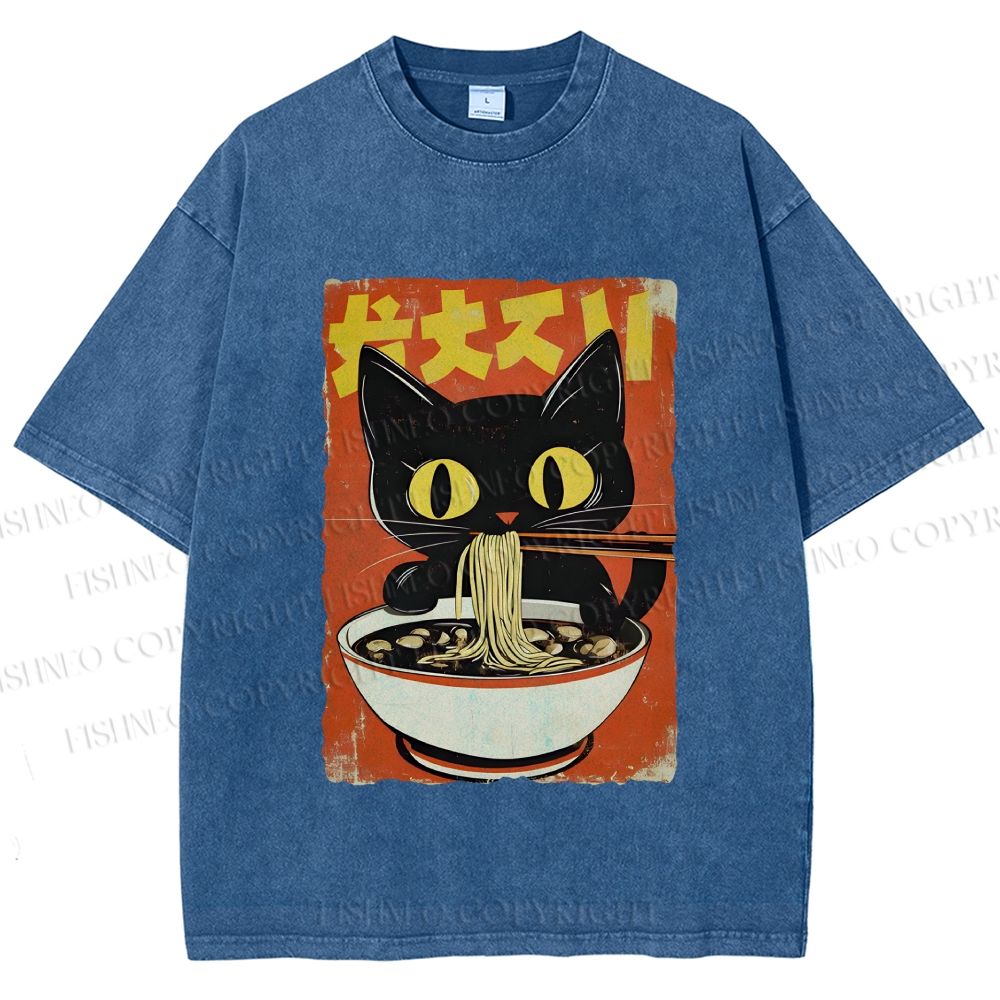 Unisex Vintage Japanese Ramen Cat Printed Washed Tee
