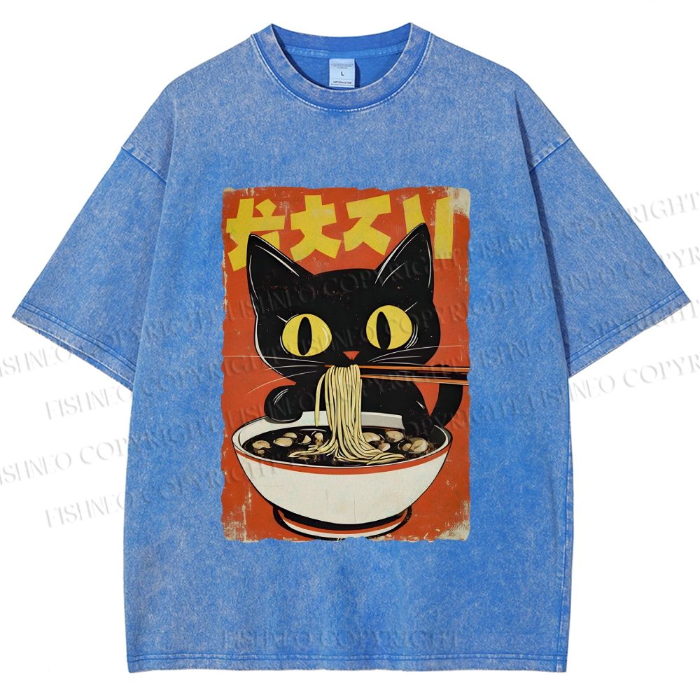 Unisex Vintage Japanese Ramen Cat Printed Washed Tee