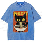 Unisex Vintage Japanese Ramen Cat Printed Washed Tee
