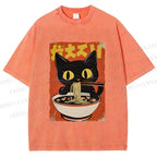 Unisex Vintage Japanese Ramen Cat Printed Washed Tee