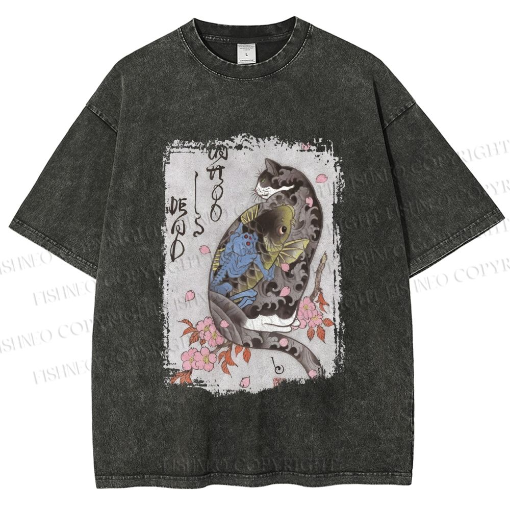 Unisex Vintage Japanese Cat Sakura Printed Washed Tee