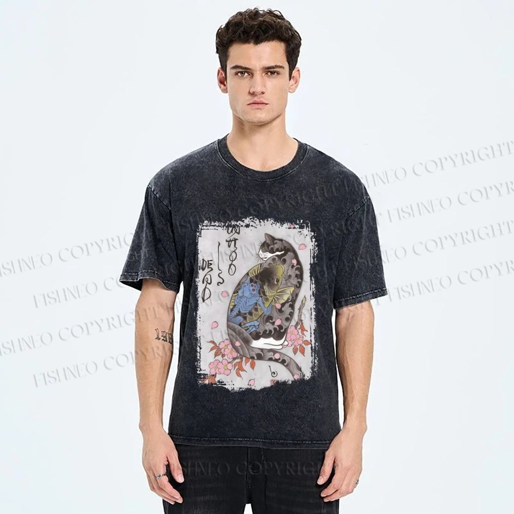 Unisex Vintage Japanese Cat Sakura Printed Washed Tee