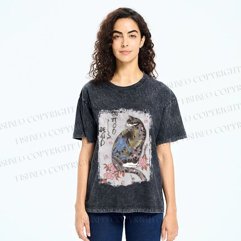 Unisex Vintage Japanese Cat Sakura Printed Washed Tee