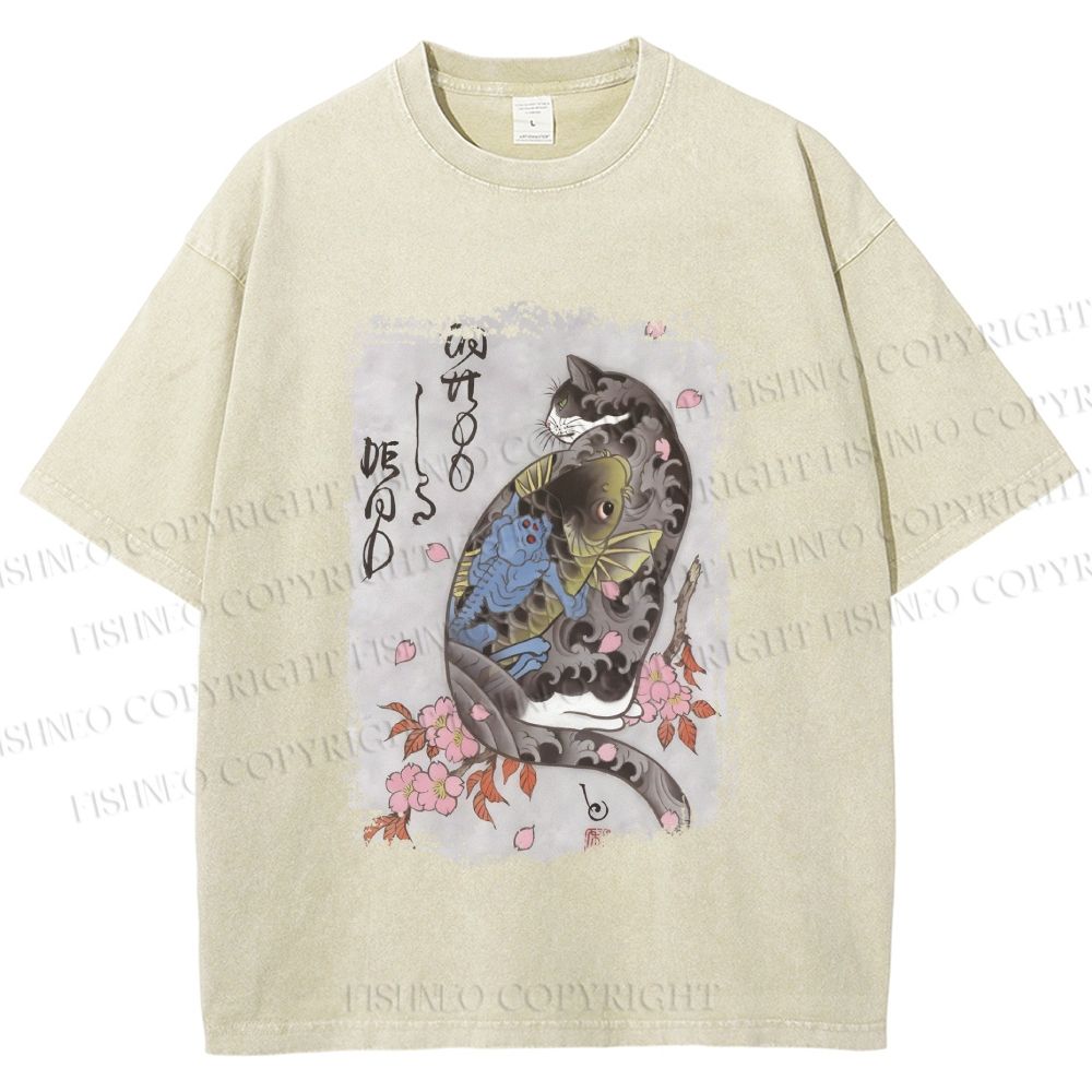Unisex Vintage Japanese Cat Sakura Printed Washed Tee