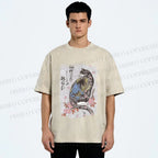 Unisex Vintage Japanese Cat Sakura Printed Washed Tee