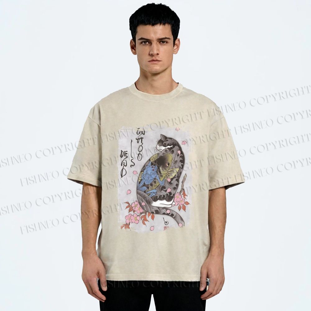 Unisex Vintage Japanese Cat Sakura Printed Washed Tee