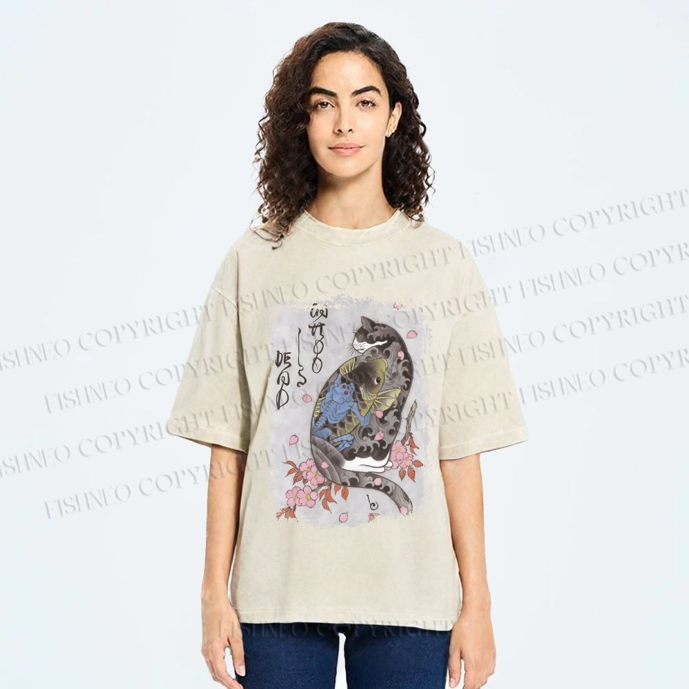 Unisex Vintage Japanese Cat Sakura Printed Washed Tee