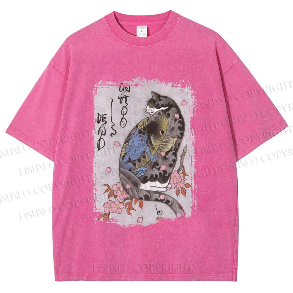Unisex Vintage Japanese Cat Sakura Printed Washed Tee