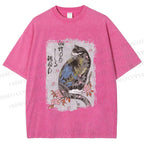 Unisex Vintage Japanese Cat Sakura Printed Washed Tee