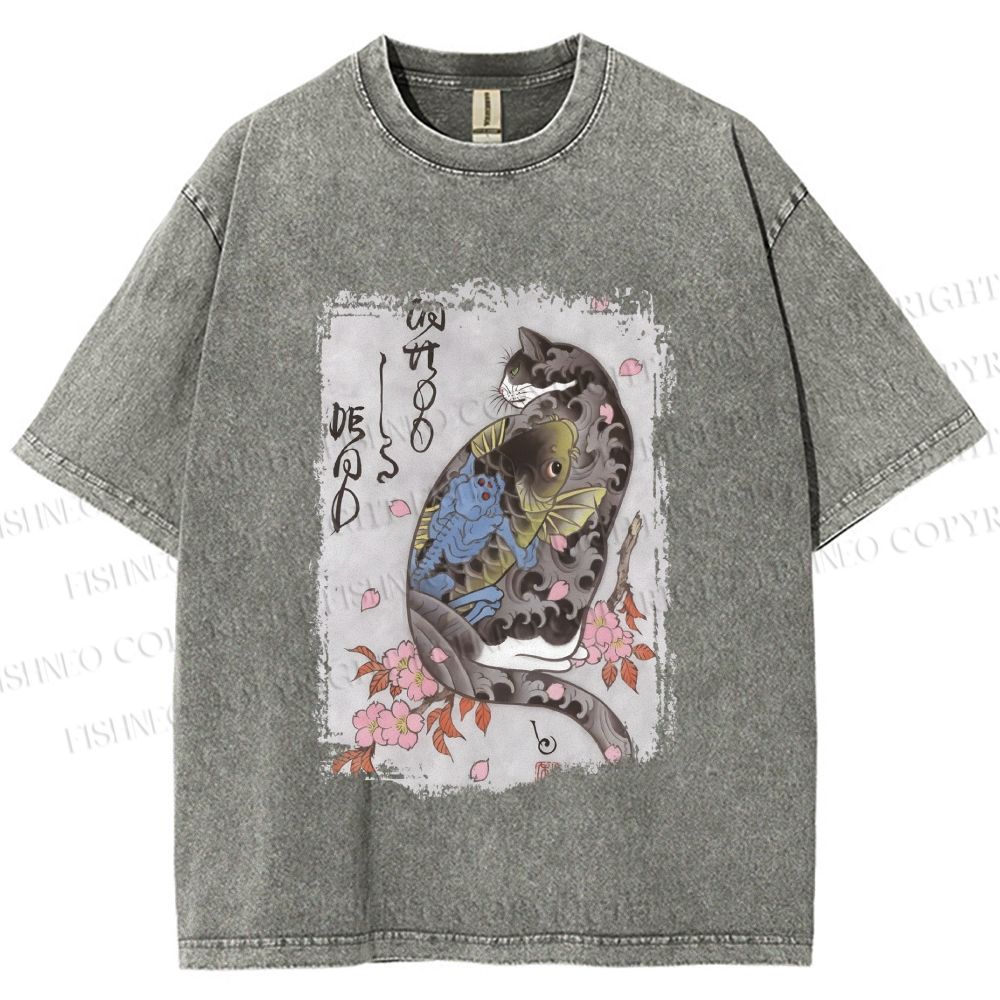 Unisex Vintage Japanese Cat Sakura Printed Washed Tee