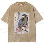 Unisex Vintage Japanese Cat Sakura Printed Washed Tee
