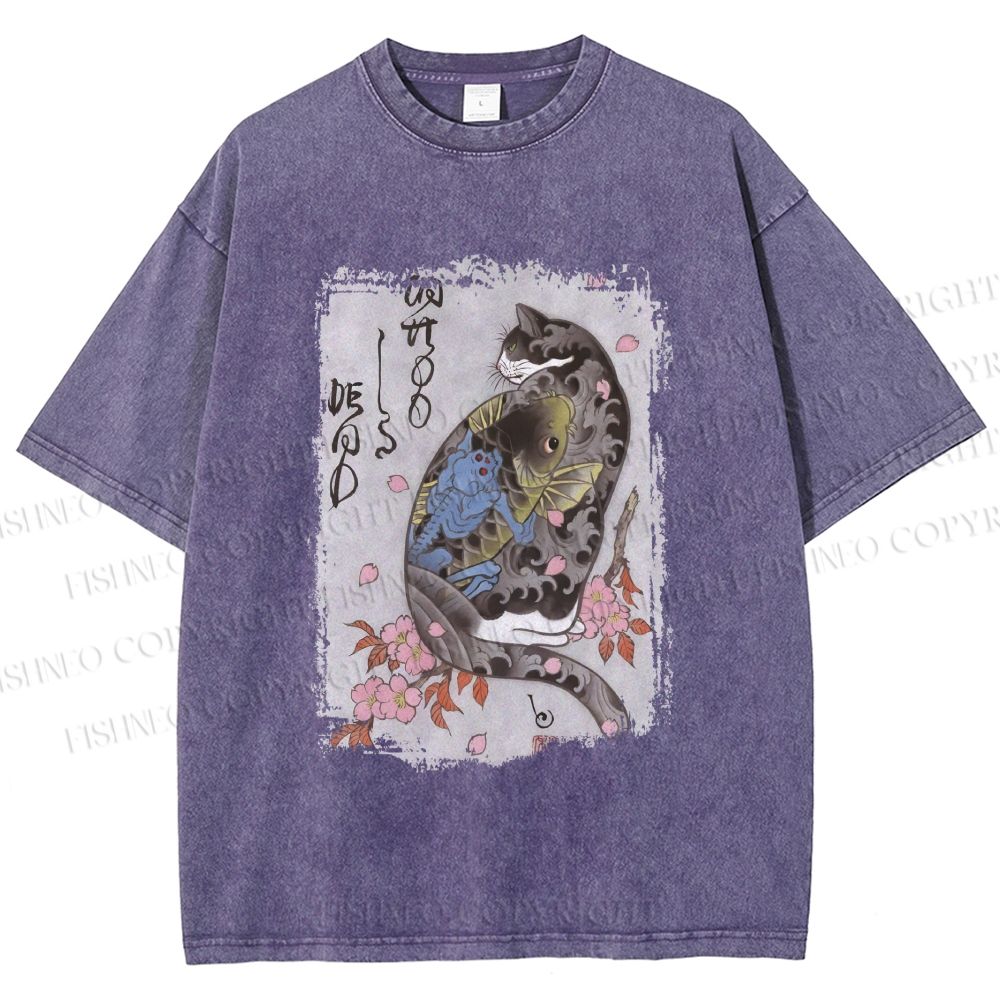 Unisex Vintage Japanese Cat Sakura Printed Washed Tee